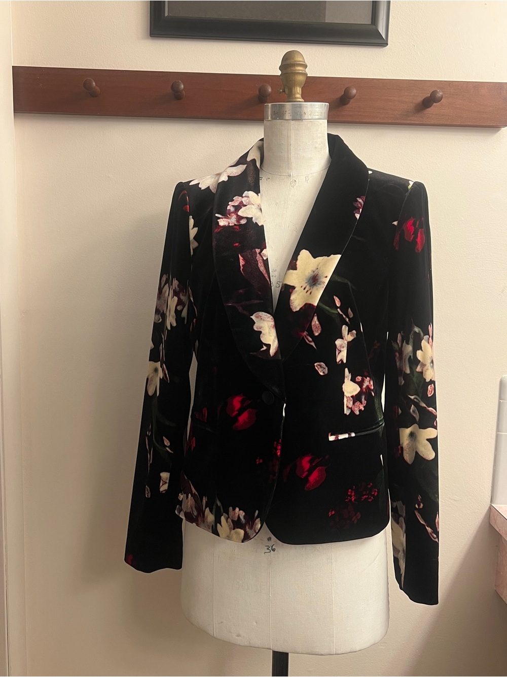 Calvin Klein Black Velvet Blazer with Cream & Red Floral Print
